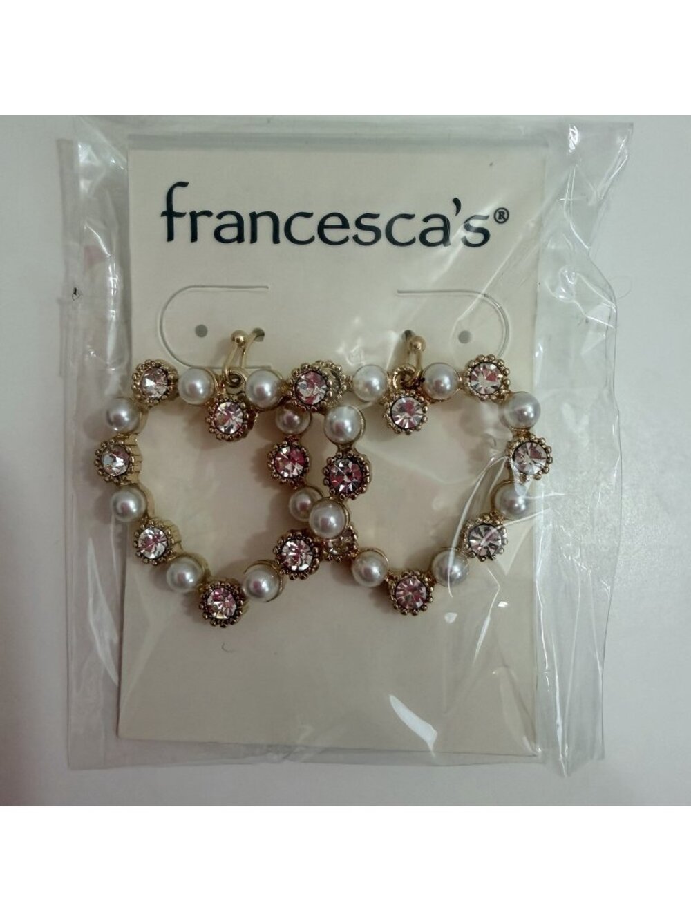 Francesca’s Womens Gold Tone Heart Shaped Earrings With Pearls & Rhinestones